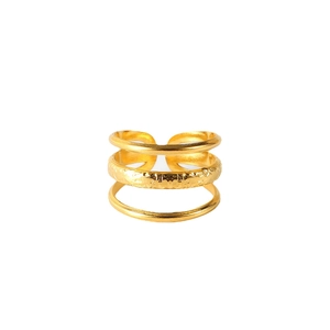 Three-layer 18k gold plated stainless steel open ring with textured middle band on white background