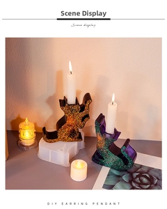 Cat shaped resin candle holder mold showing DIY glitter finish and silicone mold detail
