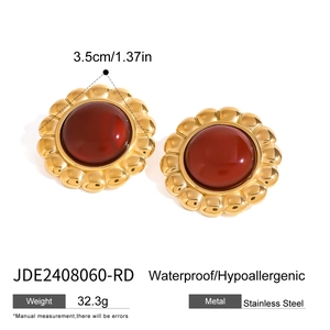 Golden stainless steel flower earrings with red agate center, waterproof and anti-allergy