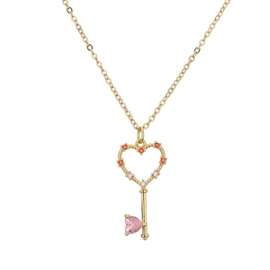 Gold-plated hollow heart key pendant necklace with pink and red zircon stones