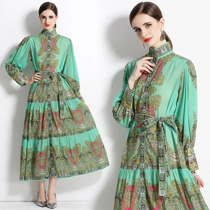 Robe Maxi À Manches Longues Imprimé Cachemire Vintage Pour Femmes Col Montant Simple Boutonnage Ceinturée Élégante