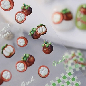 3D embossed mangosteen fruit nail art stickers with realistic tropical fruit designs