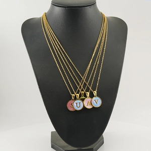 Colliers en acier inoxydable plaqué or 18K avec pendentifs ronds bleus et roses