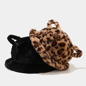 Plush bucket hats with cute cat ears in solid black and stylish leopard print patterns