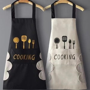 Waterproof kitchen apron set in black and cream with absorbent side hand towels