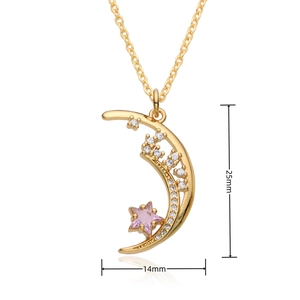 Detail view of gold moon necklace with pink star zircon and size marking 25mm by 14mm