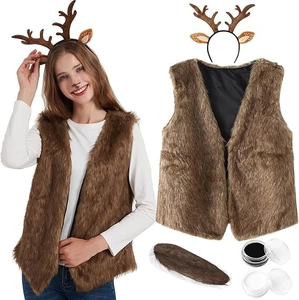 Detail of deer costume set featuring brown faux fur vest, antlers headband and face paint