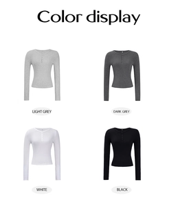 Détail de chemises Henley à manches longues en gris clair, gris foncé, blanc et noir