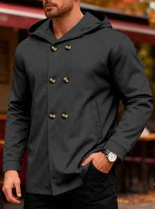 Outdoor shot of men's slim fit hooded trench coat with double-breasted closure and side pockets