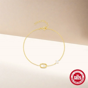 Elegant S925 sterling silver gold bracelet with oval geometric zircon and dainty chain