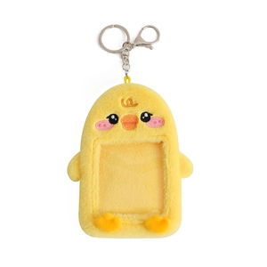 Porte-carte photo canard en peluche jaune avec fourrure douce et porte-clé argenté