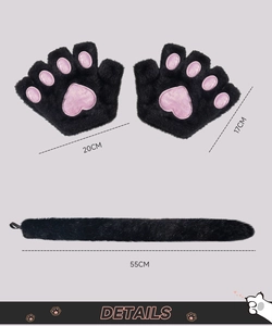 Detail showing dimensions of black plush cat paw gloves and a 55cm long furry tail accessory