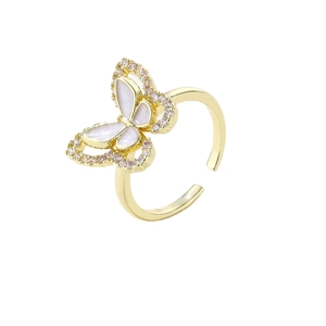Golden butterfly open ring with pearly inlay and sparkling crystals for women