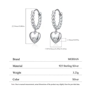 S925 sterling silver heart dangle earrings with sparkling star zircon and bead hoop