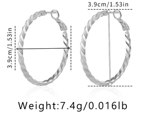 Detailed view of silver twisted hoop earrings showing 3.9cm diameter and 7.4g weight