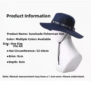 Detailed size chart showing brim width of 9cm and adjustable 52-64cm circumference for boonie hat