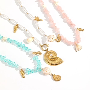 Ocean-themed beach necklaces with shells, starfish pendants and colorful gravel stones