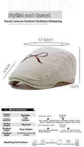Spécifications de taille pour béret en coton beige avec broderie nœud marron