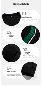 Detailed views of crew neck ribbing, color-block sleeves, and elastic ribbed cuffs on a sweatshirt