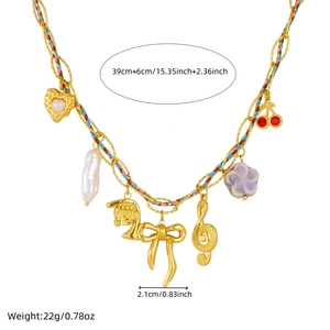 Gold-plated music note and bow charm necklace with colorful woven rope and charms