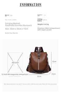Size chart showing 32x32x15cm dimensions and specs for the vintage brown PU leather backpack