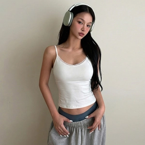 Close-up of white slim lace V-neck camisole made of knitted cotton texture