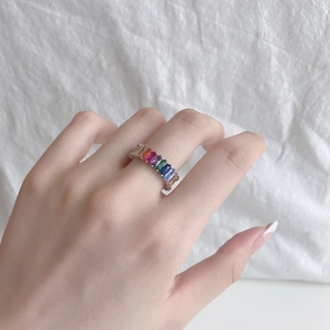 Women's S925 sterling silver ring with colorful rainbow rectangular zircons on finger
