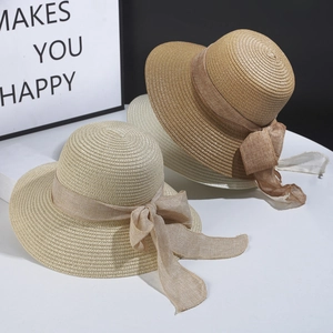 Summer Wide Brim Straw Sun Hat For Women UV Protection Foldable Beach Hat With Bow Ribbon Breathable
