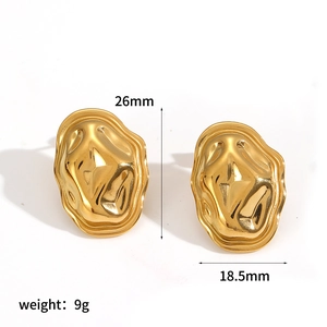 Macro detail of gold molten lava earrings with dimensions 26mm x 18.5mm and 9g weight