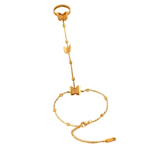 Gold butterfly slave bracelet with adjustable ring and beaded chain for women