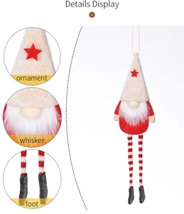 Detail display of Christmas gnome pendant with long striped legs and white beard