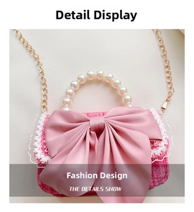 Detail of pink tweed girl bag with pearl handle, ribbon bow and lace edges