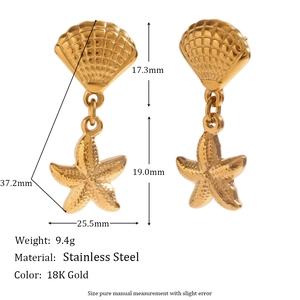 18K gold-plated stainless steel starfish and flower heart drop earrings with dimensions