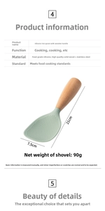 Detail view of mint green silicone rice paddle with wood handle and 21x7.5cm dimensions