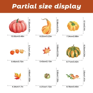 Detailed size display of Thanksgiving window stickers with fall gnome and leaf designs