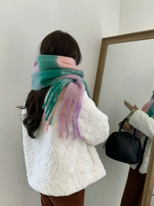 Detailed back view of a rainbow striped scarf with fringes and colorful plaid pattern