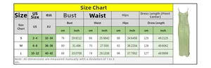 Size guide with CM and INCH measurements for backless sequin evening dress