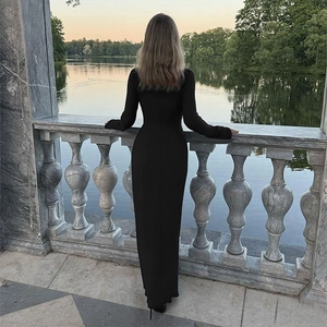 Elegant black long-sleeved bodycon maxi dress with back slit and slim-fit design