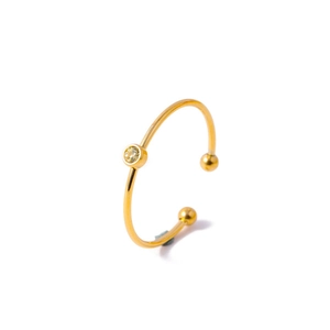 Adjustable golden stainless steel ring featuring a round yellow zircon and bead accents