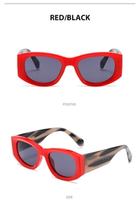 Front and side view of rectangular red sunglasses with dark tortoiseshell pattern temples