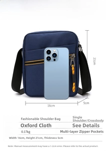 Blue oxford fabric crossbody bag dimensions 16x21x5cm with multi-layered zipper pockets
