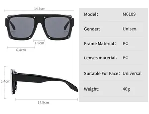 Size chart showing square oversized sunglasses dimensions with frame and lens measurements