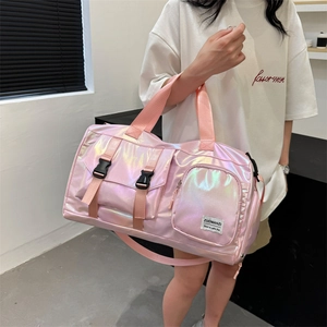 Pink pearlescent waterproof travel bag with laser gloss finish and functional pockets