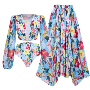 Maillot De Bain Imprimé Floral Tropical Et Jupe Manches Longues Col En V À Volants Pour Femmes