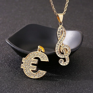 Treble Clef Musical Note Euro Symbol Pendant Necklace Iced Out Gold Plated Stainless Steel Hip Hop Jewelry For Men