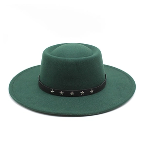 Close-up of dark green wool fedora with black leather band and silver star studs