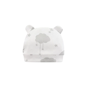 Newborn cotton baby hat with gray cloud print and cute ears on white background