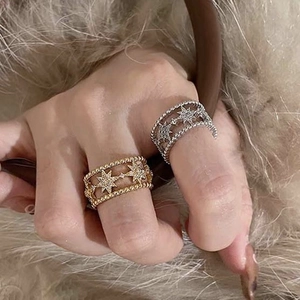Elegant Octagonal Star Hollow Open Ring Copper Zircon Layered Bead Edge Minimalist Finger Jewelry For Women