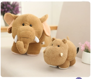 Detailed view of plush hippo and elephant toys made from soft brown short-pile fabric