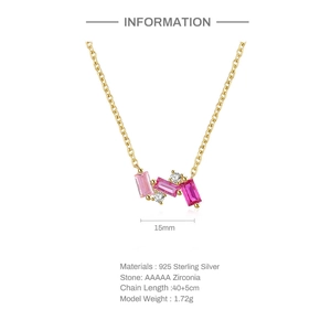 Detail of 925 sterling silver necklace with pink square zirconia stones and dimensions